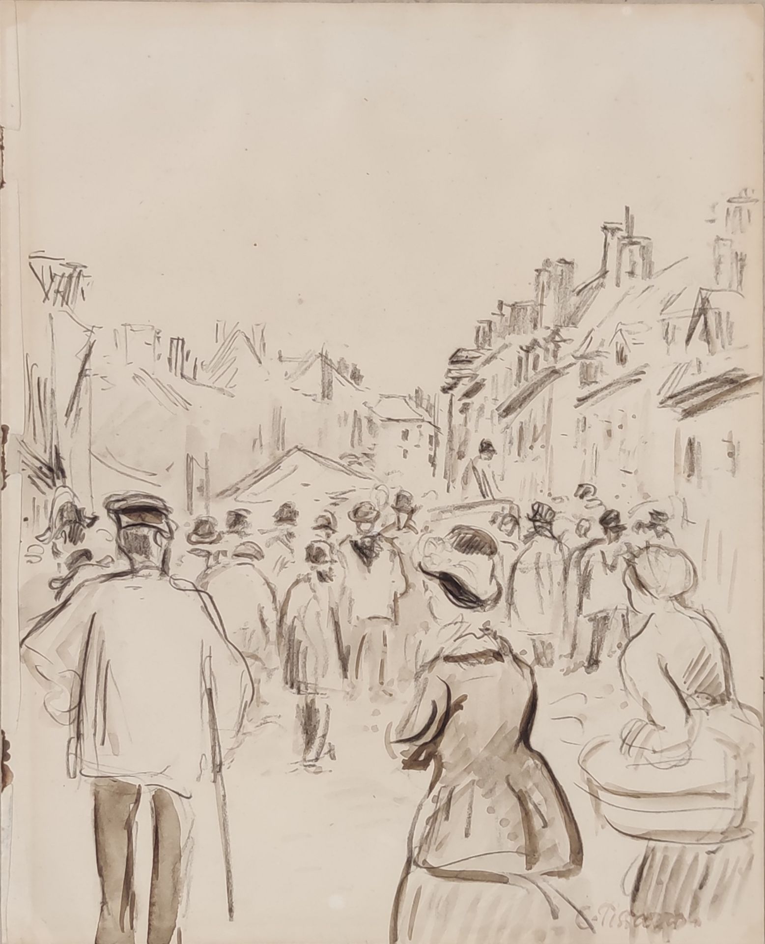 Null 
卡米尔-皮萨罗 (1830-1903)

Gisors的Cappeville街的市场

深褐色水洗和木炭，右下方有签名章。

背面是：一些带有模糊的&hellip;