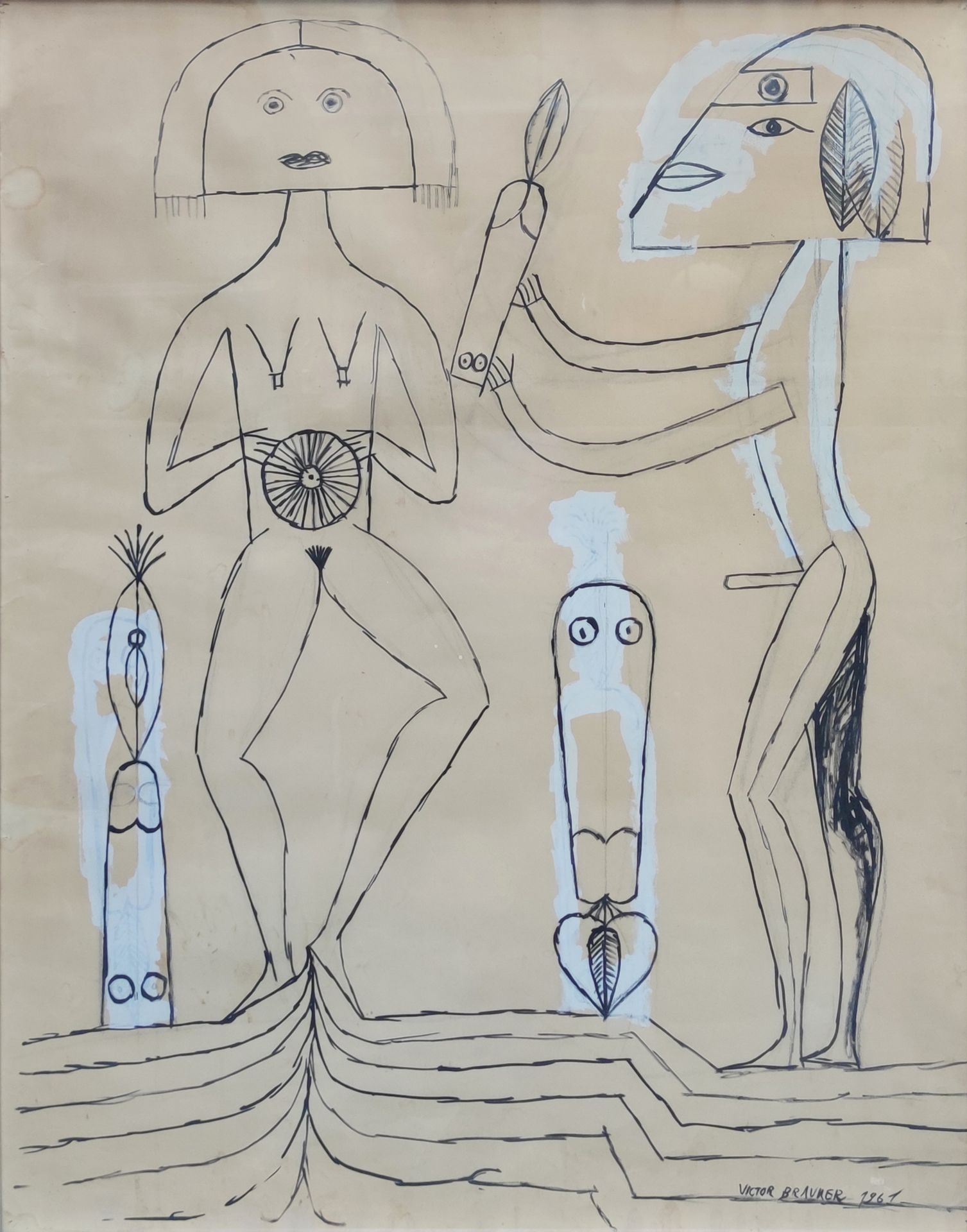 Null 
维克多-布劳纳(1903-1966)

带着偶像的部落夫妇, 1961年

在棕色纸上用黑色墨水和白色高光绘制，右下方有签名和日期 92 X 71 &hellip;