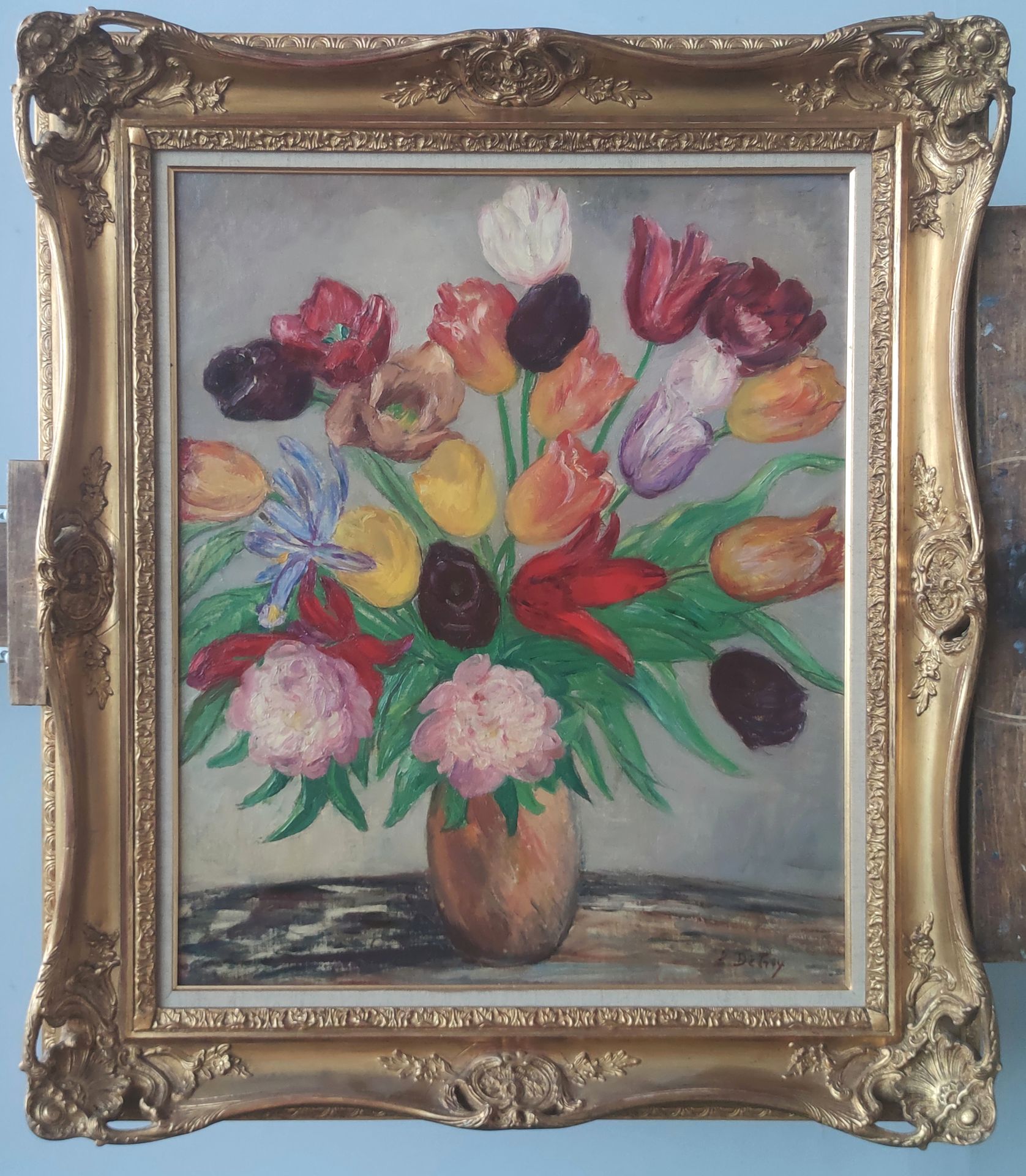 Null 
Léon DETROY (1857-1955)

Bouquet di tulipani e peonie

Olio su tela firmat&hellip;