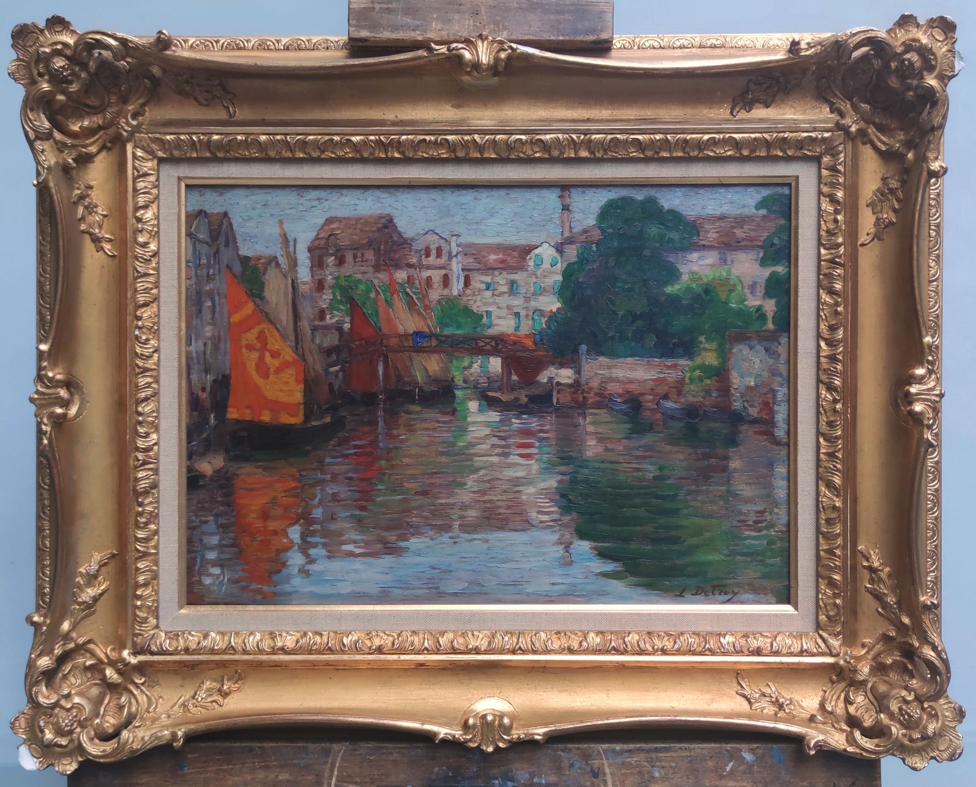 Null 
Léon DETROY (1857-1955)

Barche a vela sul canale

Olio su tavola firmato &hellip;