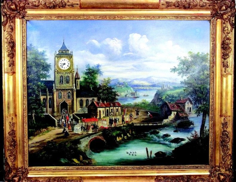 Null Tableau horloge avec superbe scène finement peinte sur toile représentant u&hellip;