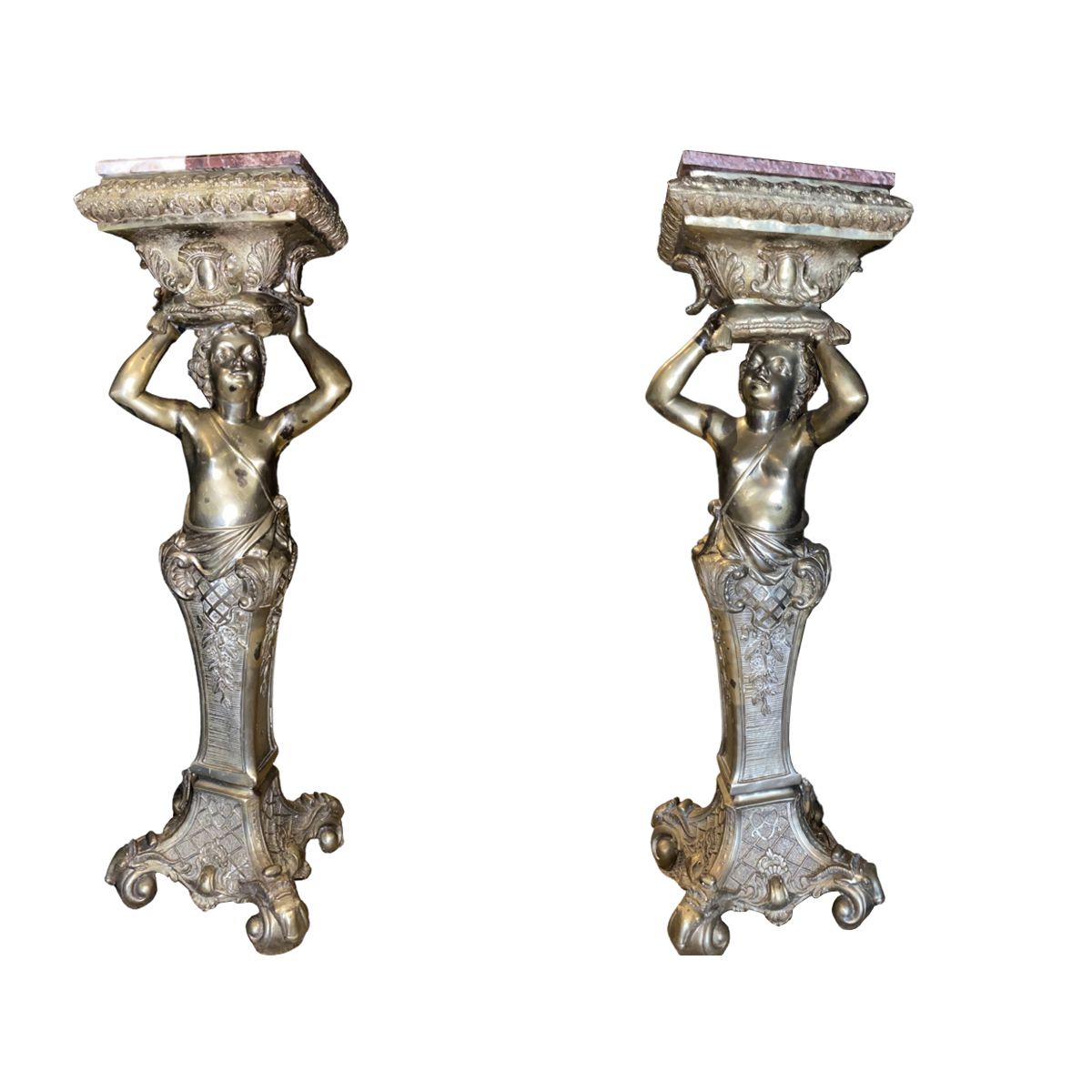 PAIRE D'IMPORTANTES SELLETTES, ca. 1900 Pair of richly carved and gilded bronze &hellip;