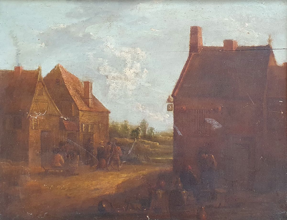 DAVID II TENIERS LE JEUNE (1610-1690), attribué 村庄场景
裂纹板上的油画。

尺寸：29.8 x 38.8厘米