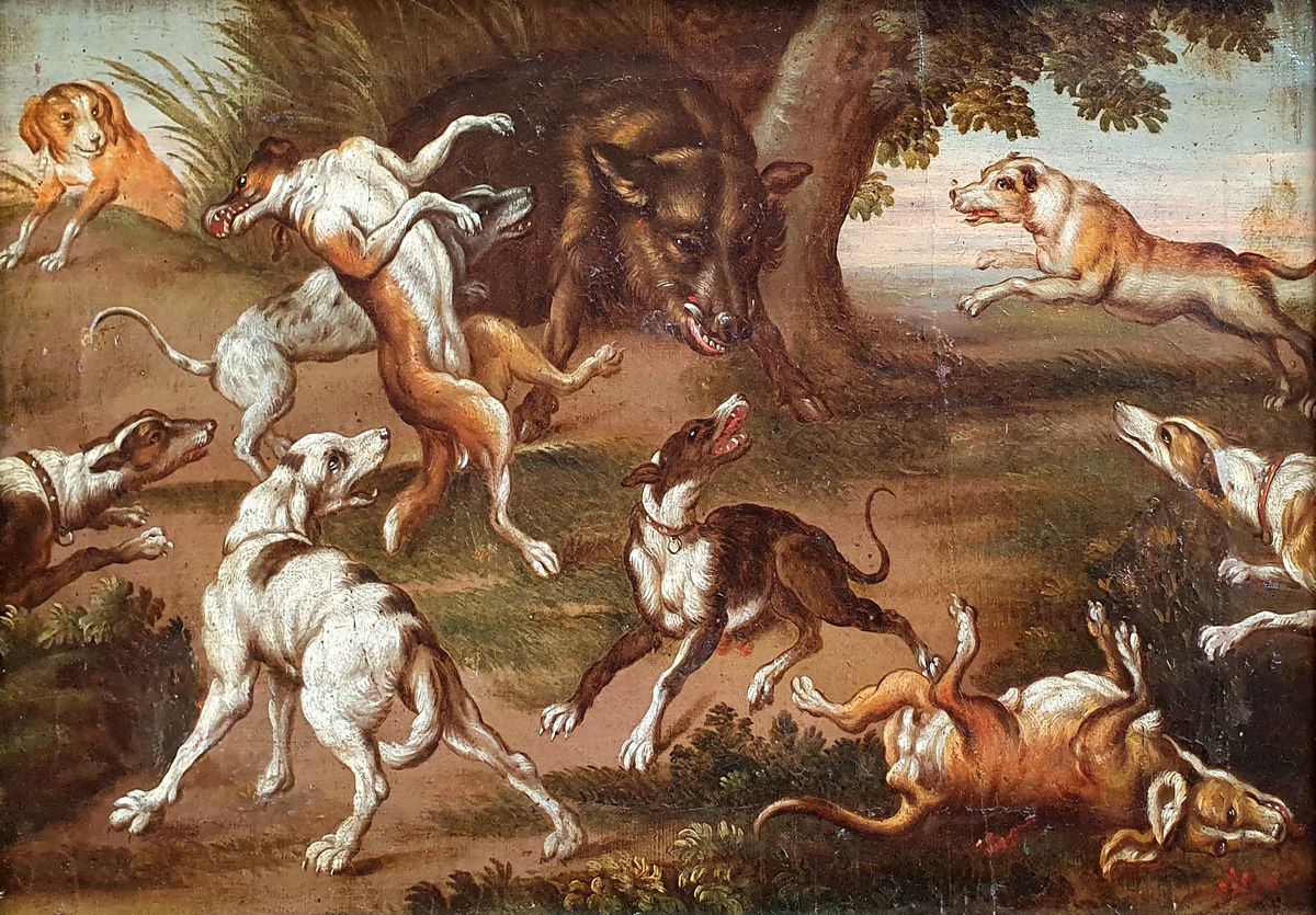 ECOLE FLAMANDE 17ème SIECLE Pack of dogs attacking a boar
Oil on canvas

Size : &hellip;