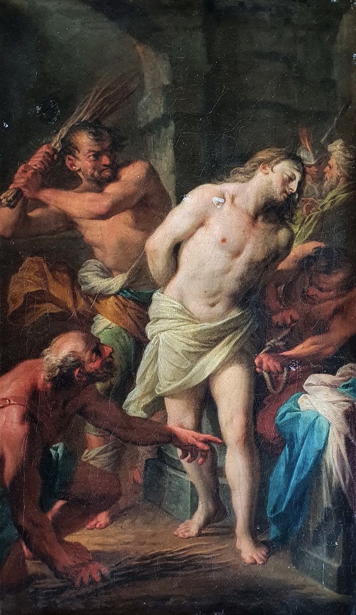 FRANCISCO BAYEU Y SUBIAS (1734-1795) "基督的鞭打"
布面油画，有衬垫。背面的标签。

优雅的金丝楠木雕刻框架，有一个饰有多&hellip;