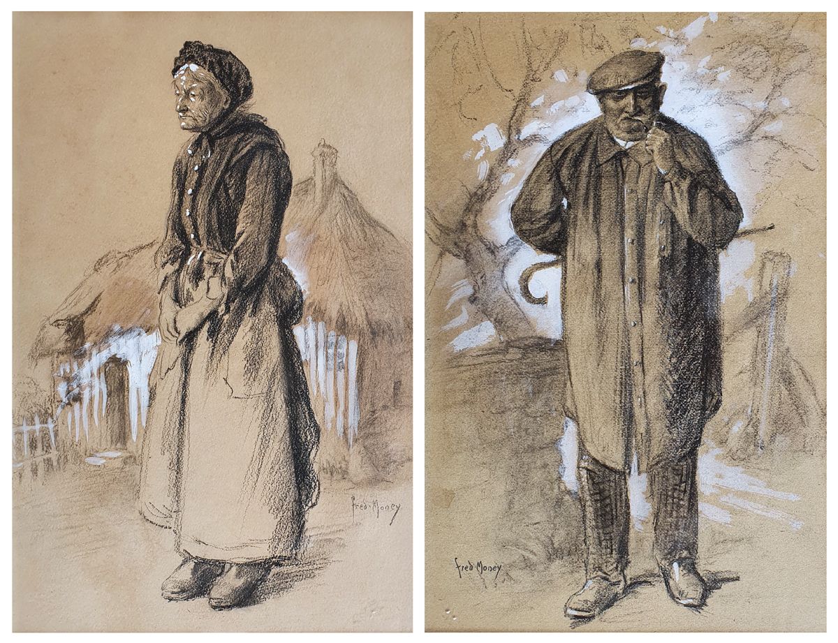 FRED-MONEY (1882-1956) 1920年左右的农民夫妇
混合媒体，水彩，木炭，铅笔和水粉在纸上的亮点，已签名。

尺寸：44 x 26.5厘米