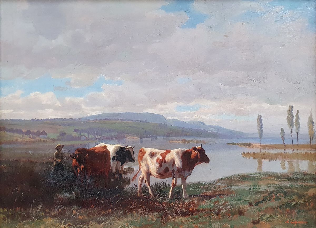 Albert Lugardon (1827-1909) 农妇和她的牛群
布面油画，署名 "A.右下方有 "Lugardon "字样。

尺寸：30 x 41厘米&hellip;