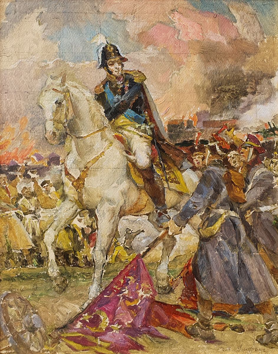 MIKHAIL IVANOVICH KHMELKO (1919-1996) 战斗场景
板上油画，右下角有签名。素描。

尺寸：44.5 x 35 cm



乌&hellip;