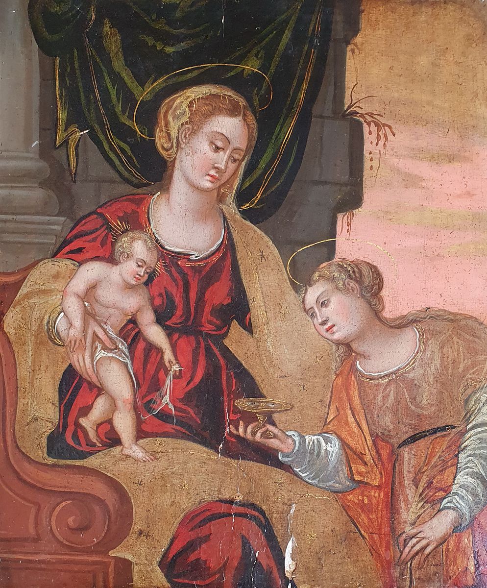 ECOLE VENETO-CRETOISE du 16ème siècle Madonna, Bambino e Santa Lucia
Olio e oro &hellip;