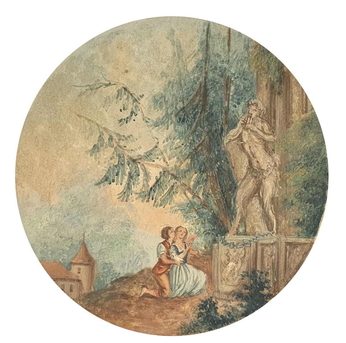 LOUIS GABRIEL MOREAU (1740-1806), attribué Scène galante
椭圆形纸上的水粉画微型画。状况良好，在玻璃下，&hellip;