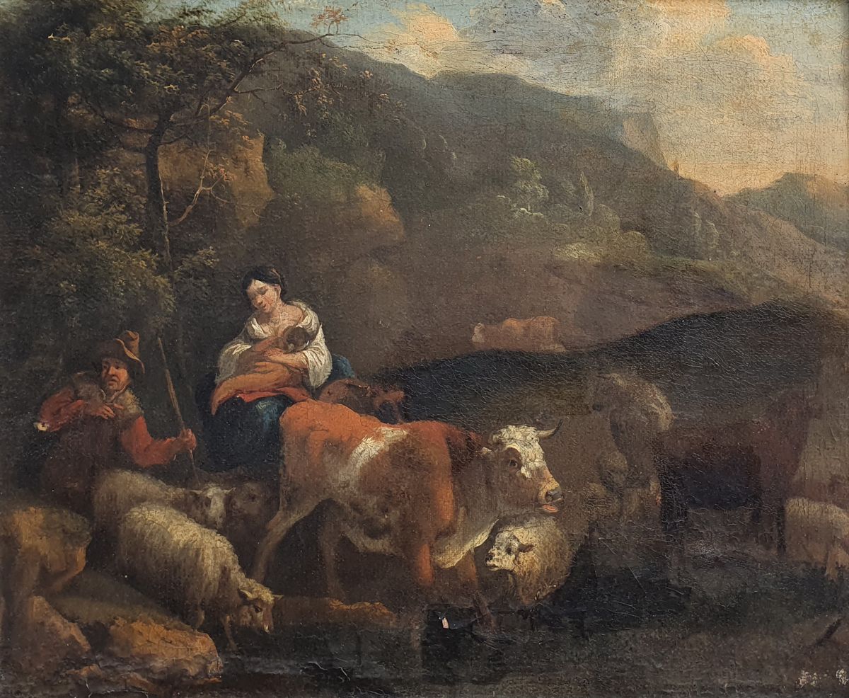 PIETER VAN BLOEMEN (1657-1720), entourage 让人联想到逃往埃及的田园风光
布面油画

尺寸：35 x 42.5厘米


&hellip;