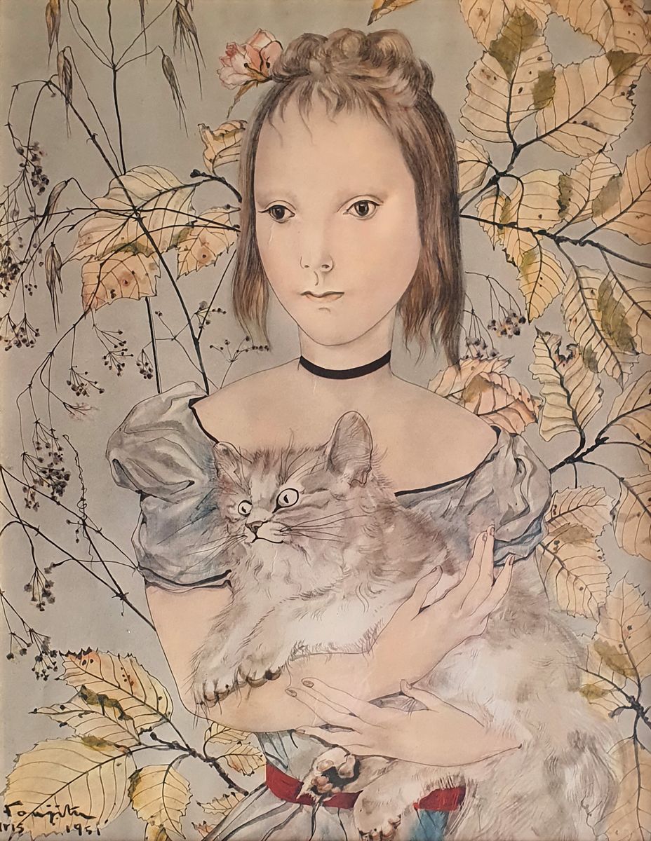 Tsugouharu FOUJITA (1886-1968) 带着猫的年轻女孩，1951年
色素石版画，版上有签名和1951年巴黎的日期。

尺寸：49 x 6&hellip;