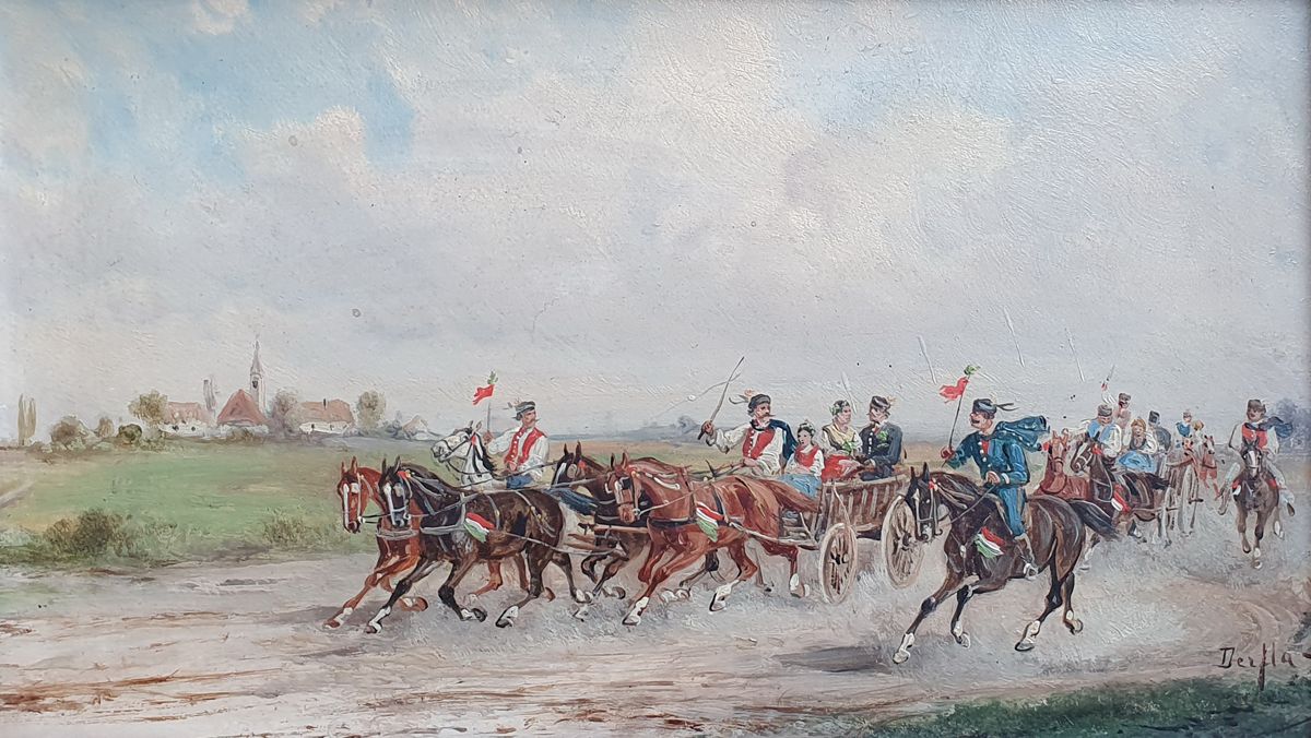 ALFRED STEINACKER dit "DERFLA" (1838-1914) The Hungarian Cavalry
油画，右下角签名。

奥地利学&hellip;