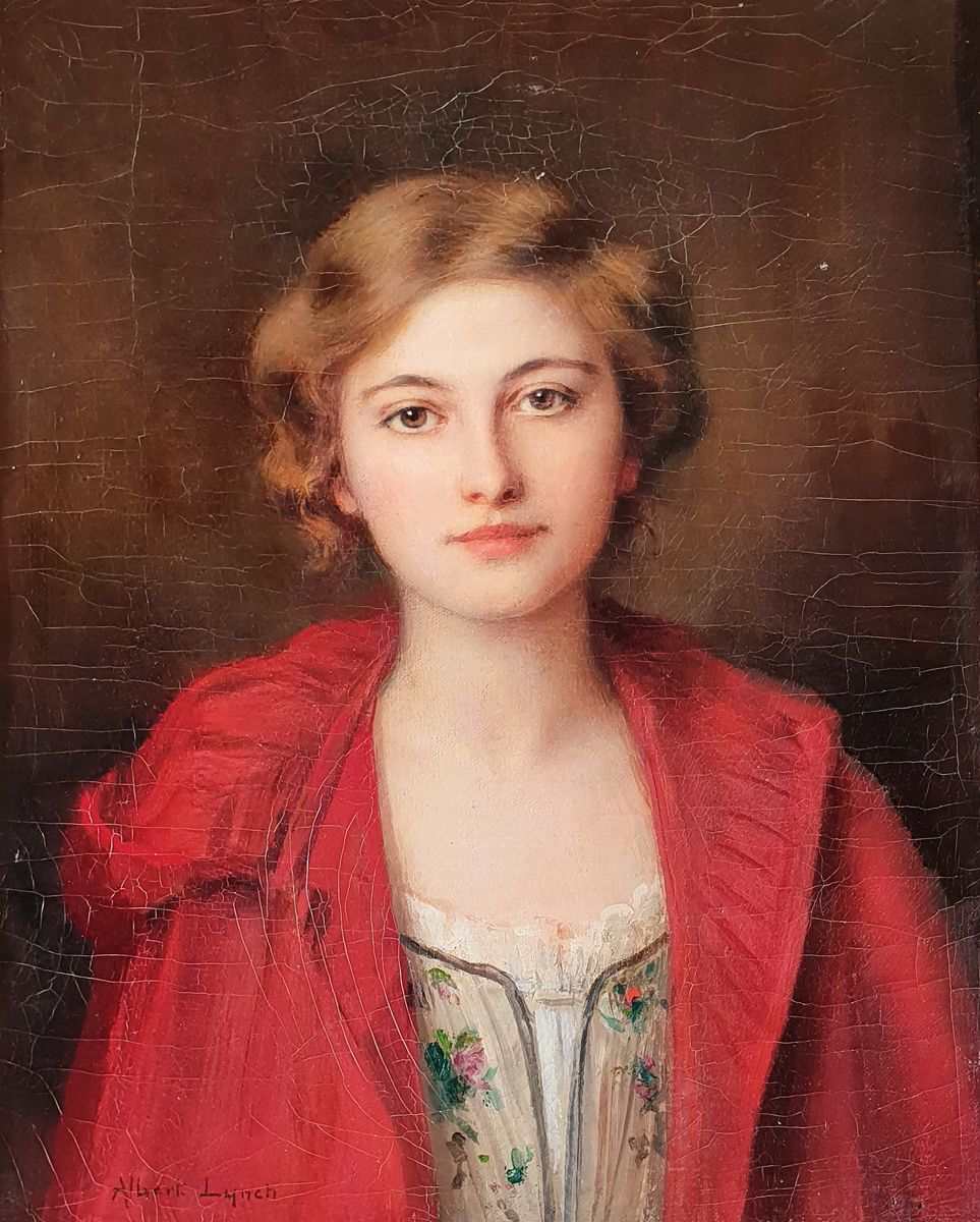 Albert LYNCH (1851-1912) Portrait de jeune femme au manteau rouge
Huile sur toil&hellip;