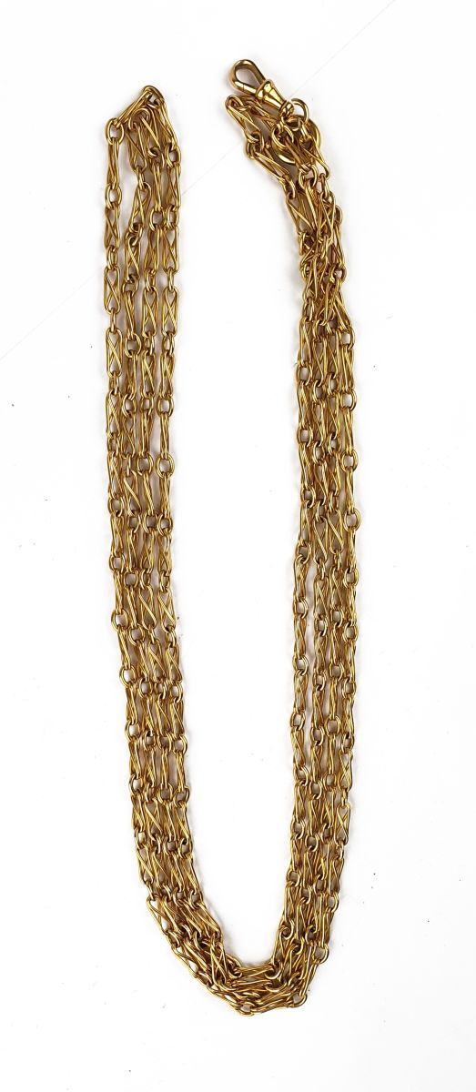 Sautoir 
14k(585)金合金，装饰有交叉链接。

毛重：54克 - 长度：82厘米

出处：富尔奇隆庄园，蒙特卡洛