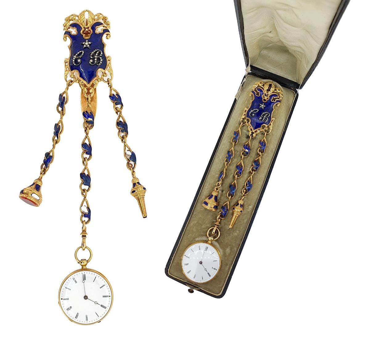 CHATELAINE An 18k yellow gold and blue enamel "Chatelaine" marked with the initi&hellip;