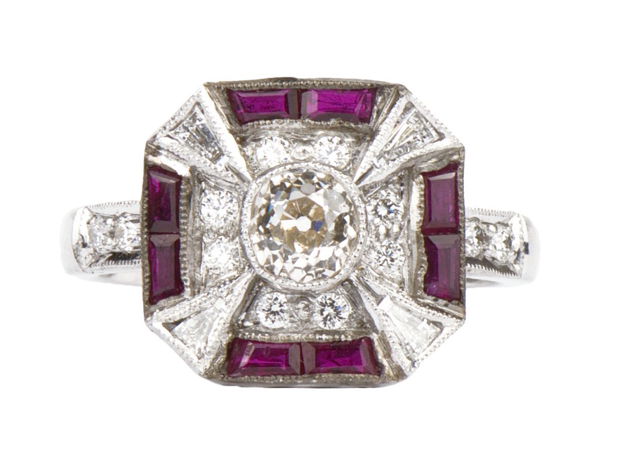 Bague Diamond, ruby and 18k white gold ring.