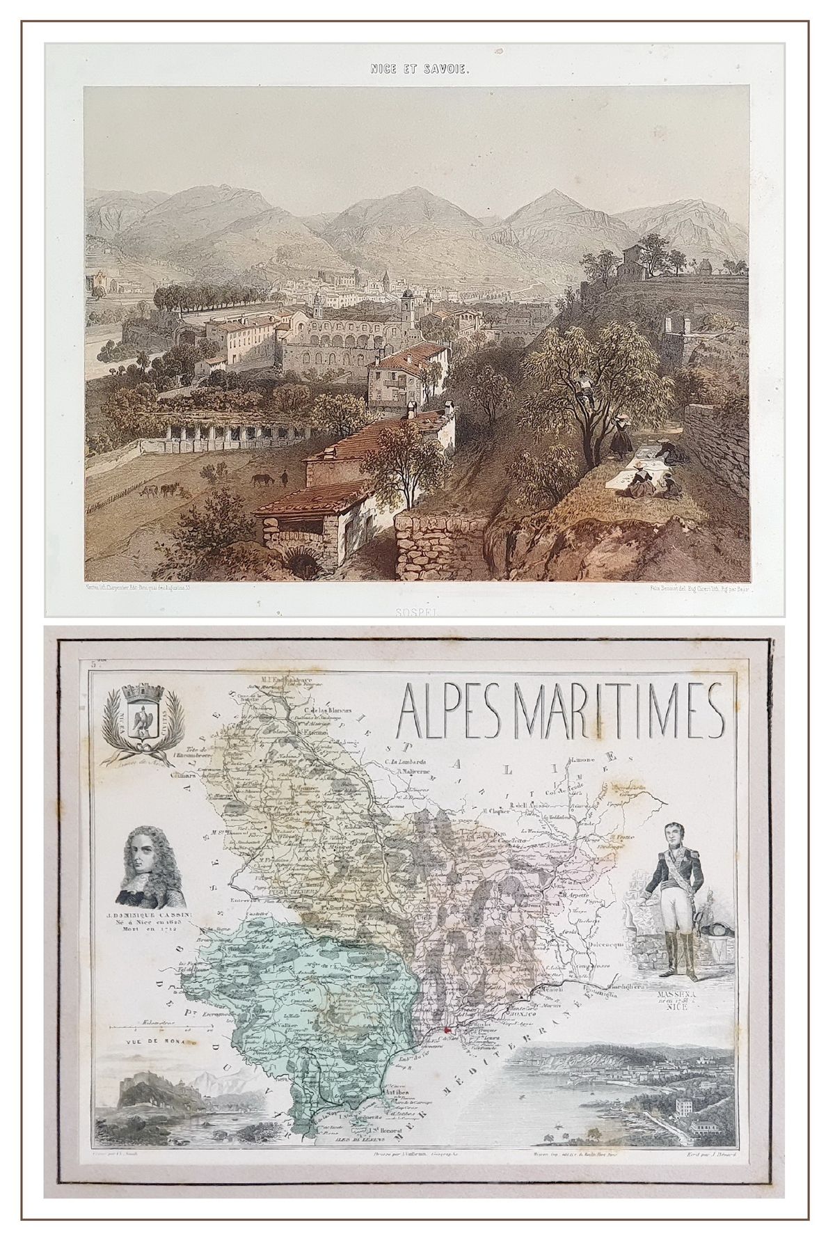 VUE ET CARTE DES ALPES MARITIMES 
Conjunto de dos litografías del siglo XIX, una&hellip;