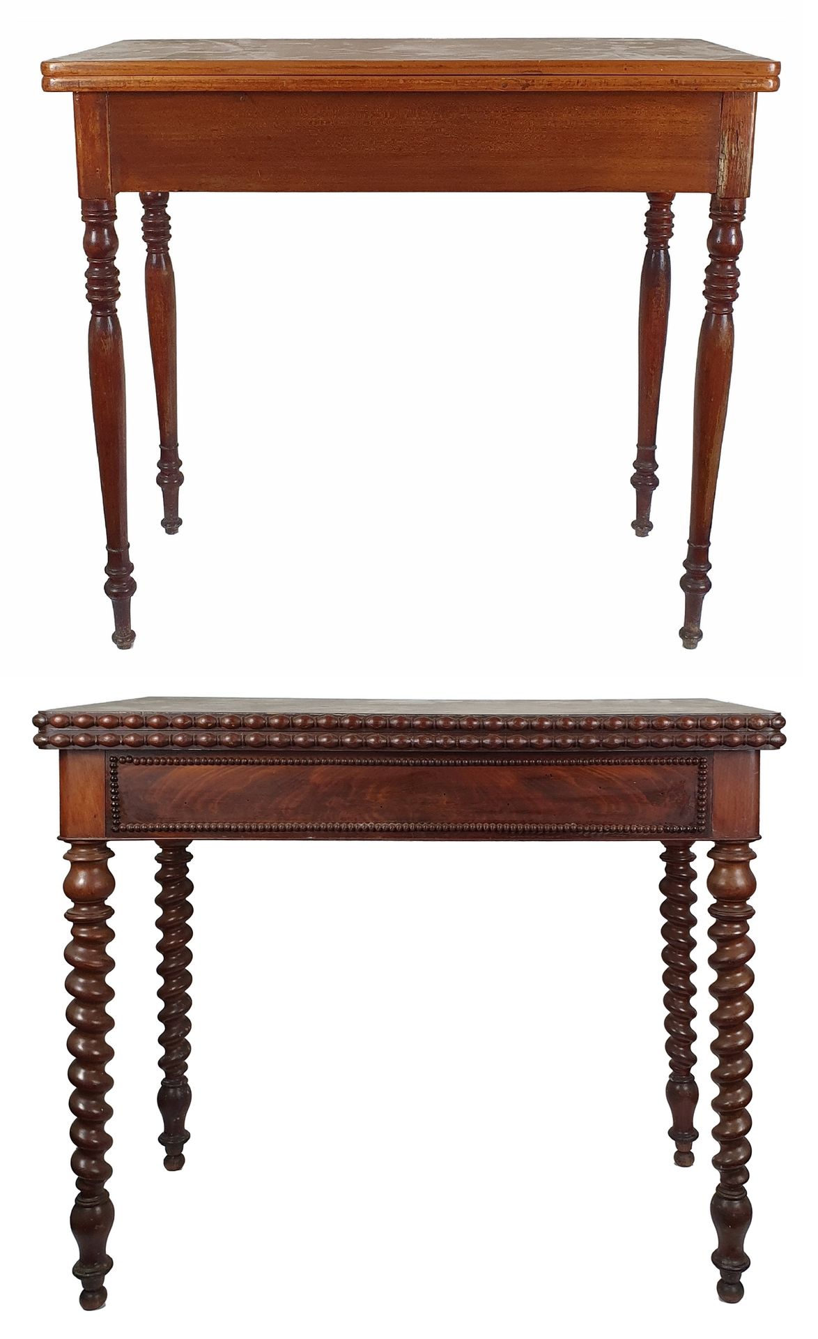 TABLES A JEUX ca.1900 
一个是桃花心木的，开在游戏桌上，另一个也是桃花心木的，腿是转动的。两张桌子的地毯都不见了。

关闭时的尺寸：75 &hellip;