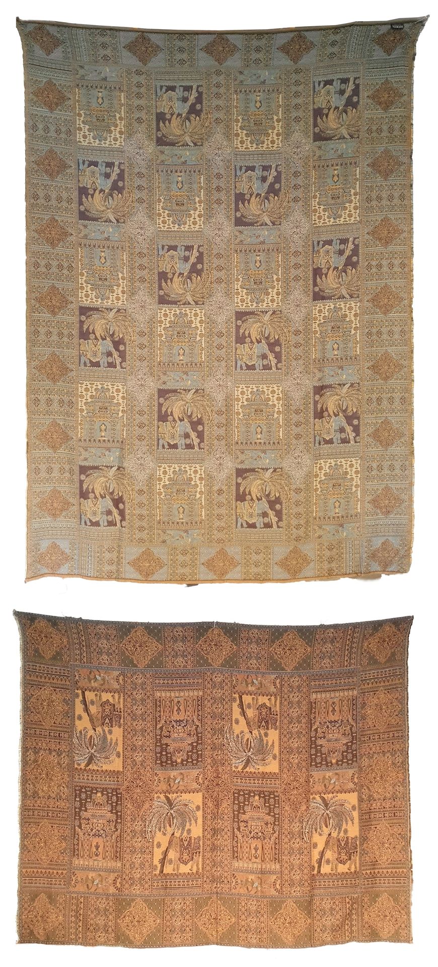 SOCIETY LIMONTA, Italie 20ème SIECLE 两块桌布
一大一小，用棉布刺绣的非洲主义装饰。状况良好。

尺寸：235 x 165和&hellip;