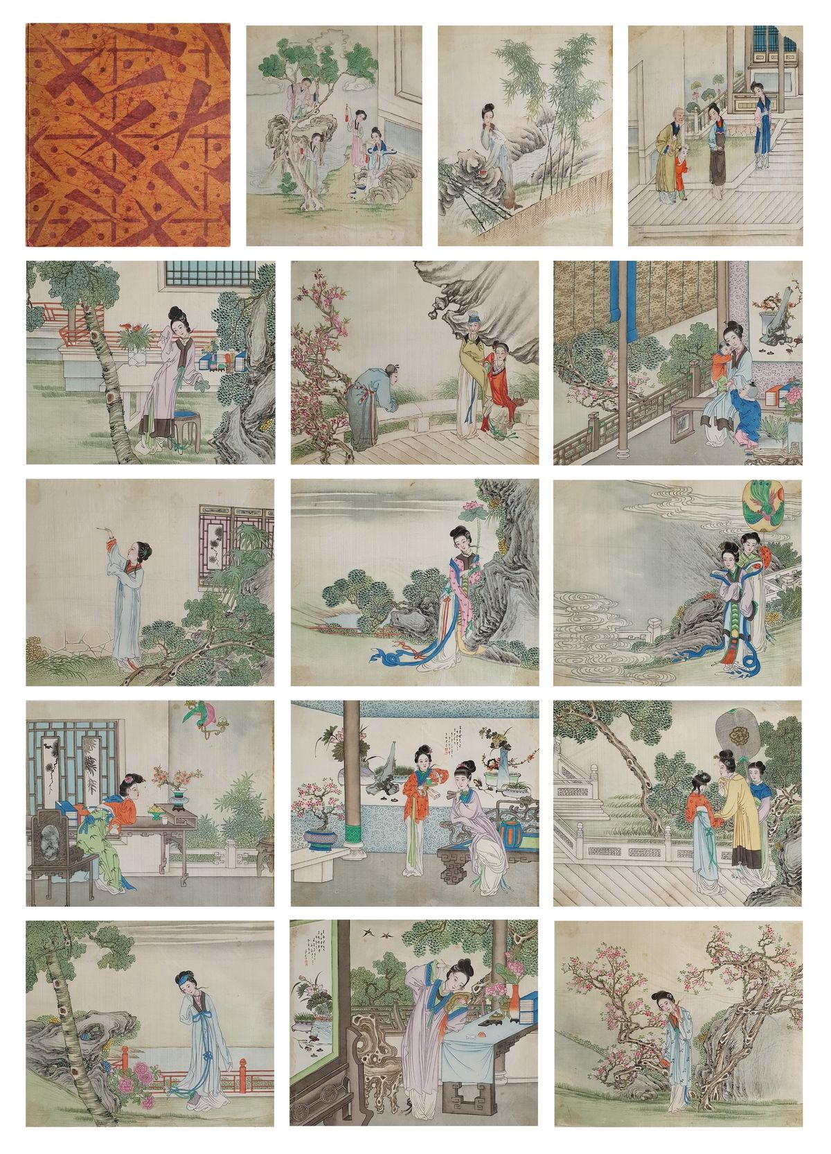 CHINE ca.1900 生活场景
包含15幅钢笔画的丝绸画册，描绘了宫殿和花园的生活场景，纸板封面印有 "至上主义 "装饰，大约在1915年。污渍和磨损。
&hellip;