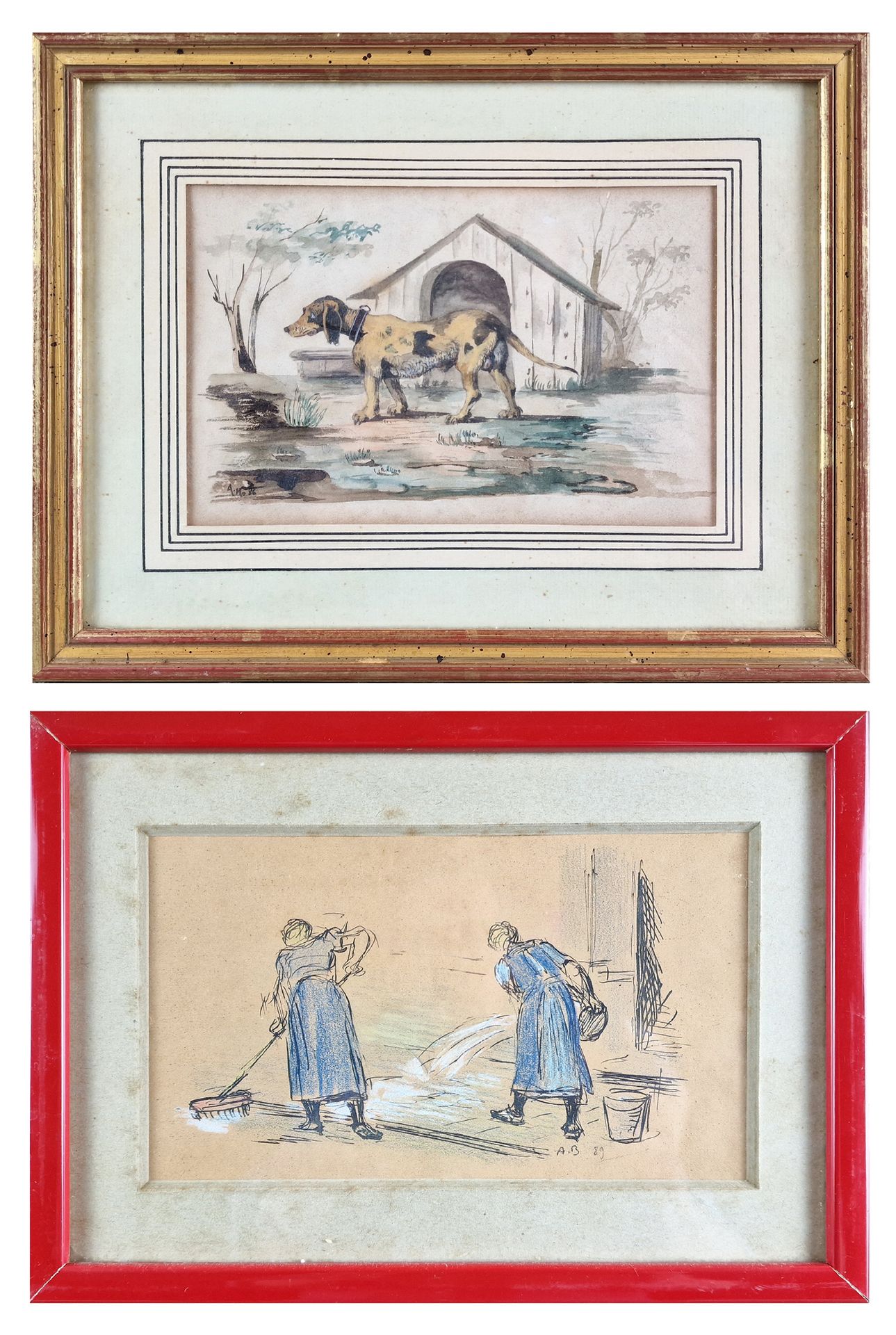 ECOLE FRANCAISE 在乡下

-

套装包括纸上水彩画，画的是一只狗，有 "A.M. "的字样，左下角有日期；粉彩画，也是纸上的，画的是两位女士在工&hellip;