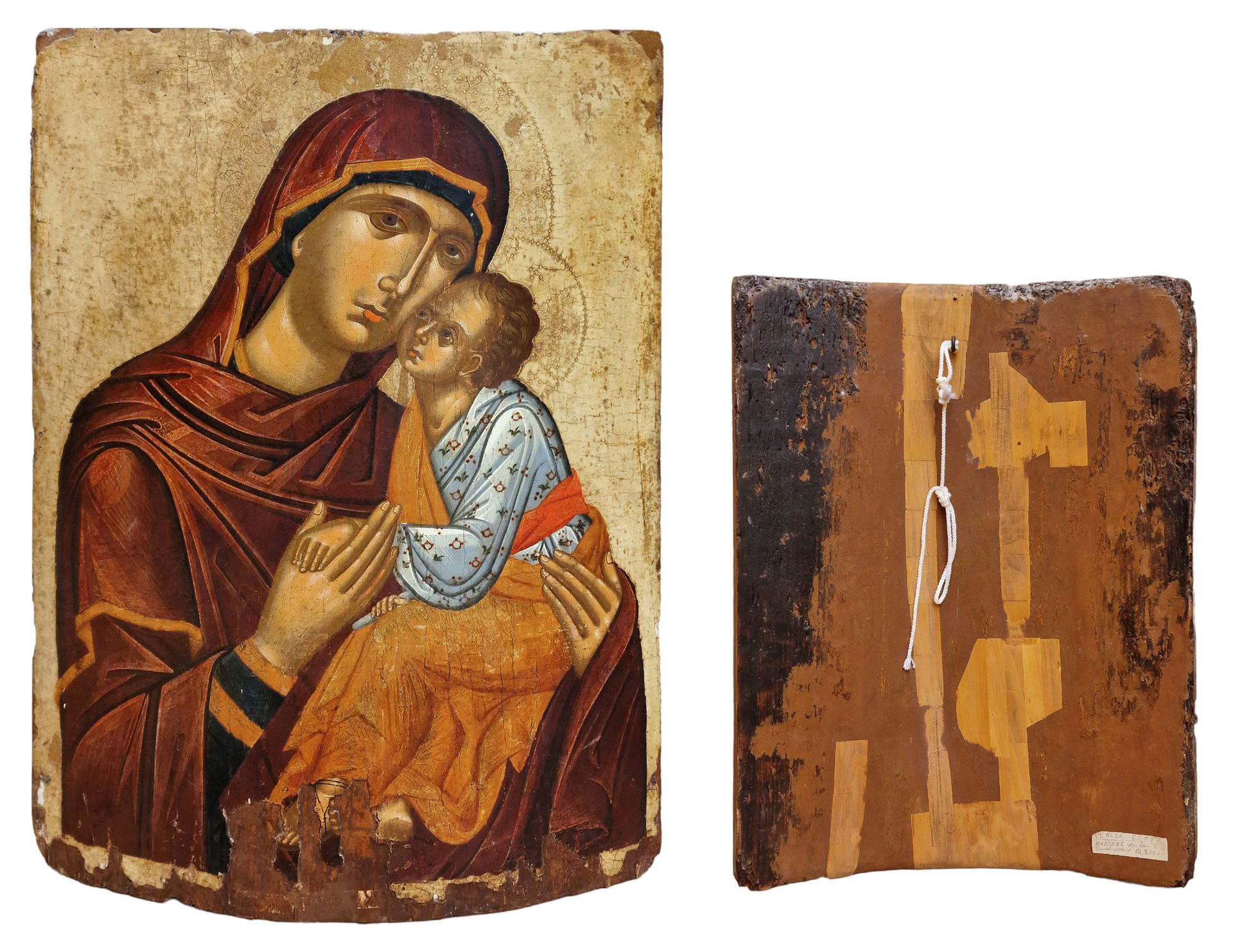 IMPORTANTE ECOLE VENETO-CRETOISE, 17-18ème siècle 圣母和孩子



金色背景的弧形面板上的淡彩画，有磨损，未装&hellip;