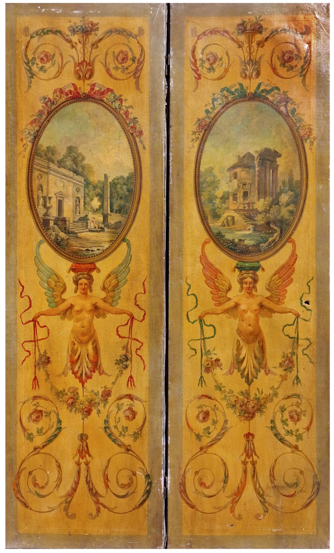 ECOLE FRANCAISE, FIN 18ème SIECLE 优雅的路易十六屏幕



两幅大型布面油画组曲，铰链在一起，描绘了带翅膀的加里亚特人，在花环&hellip;