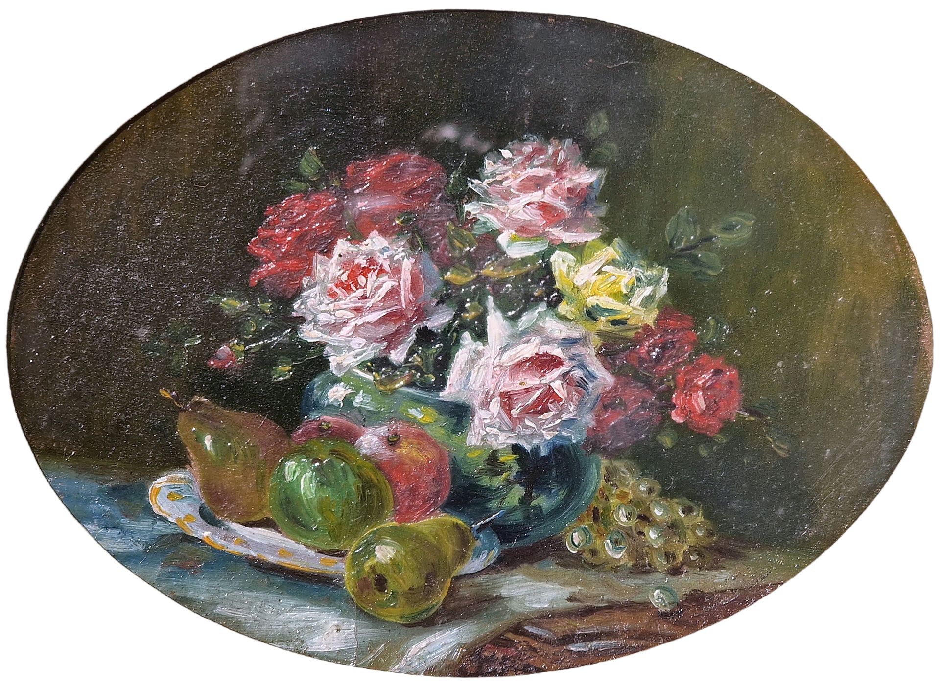 ECOLE FRANCAISE ca.1900 鲜花和水果的静物画



椭圆形纸板上的油画，匿名。

尺寸：13 x 18 cm

免费优惠