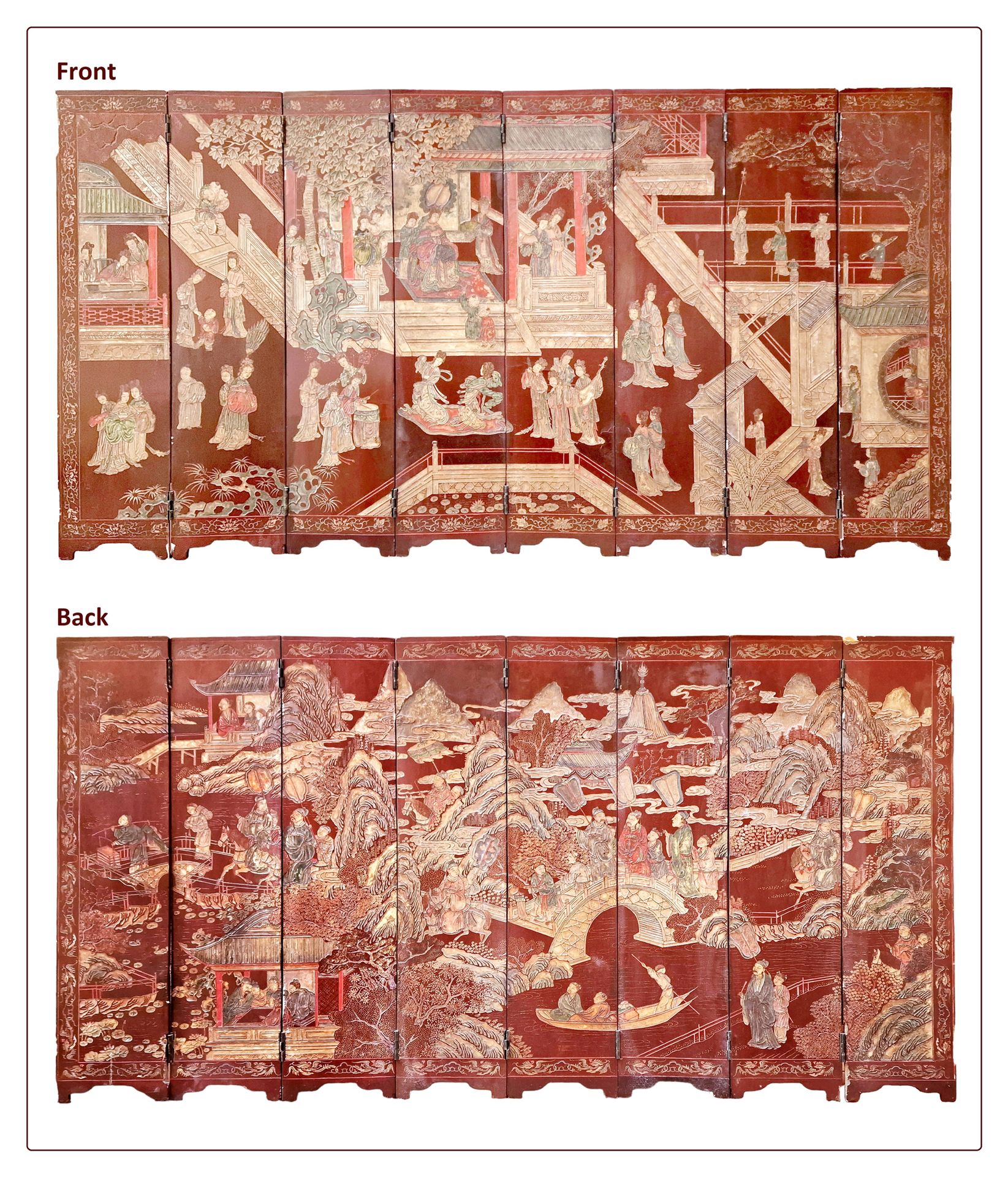 CHINE VERS 1900 优雅的折叠式屏幕



科罗曼德漆器，两边有八片叶子，装饰着宫廷场景。磨损和撕裂。

尺寸：92 x 172 cm