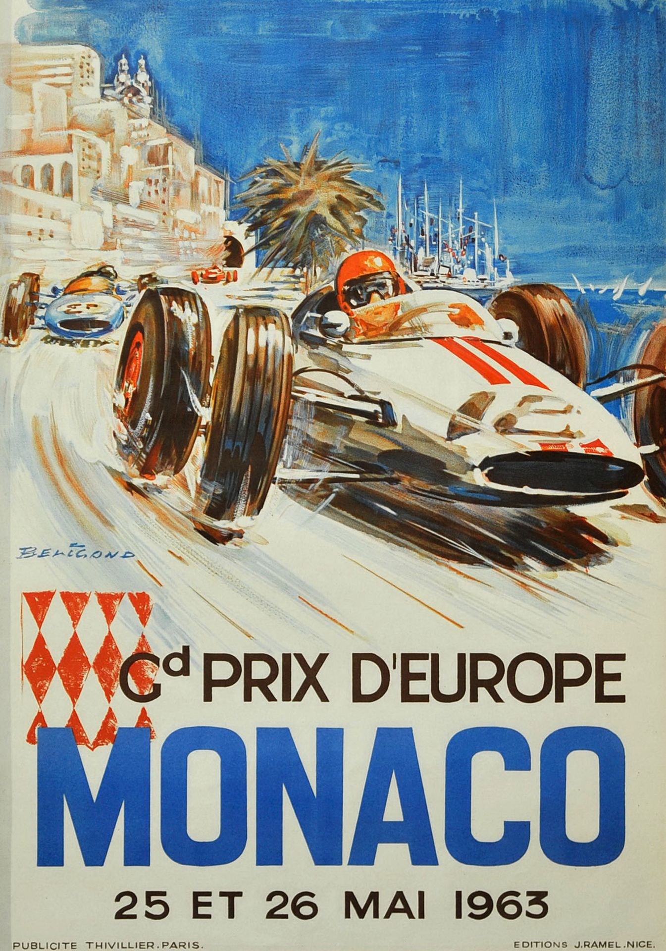 AFFICHE DU GRAND PRIX DE MONACO, 1963 欧洲大奖赛



彩色平版印刷海报，Ramel Nice版，版上有衬里和签名Beli&hellip;