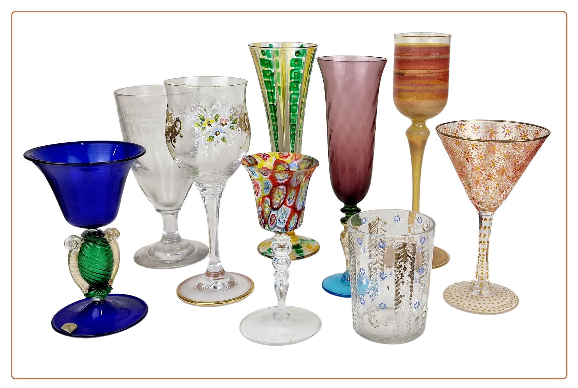 VERRERIE EUROPEENNE Suite de 9 verres aux décors originaux, dont Murano

Dimensi&hellip;
