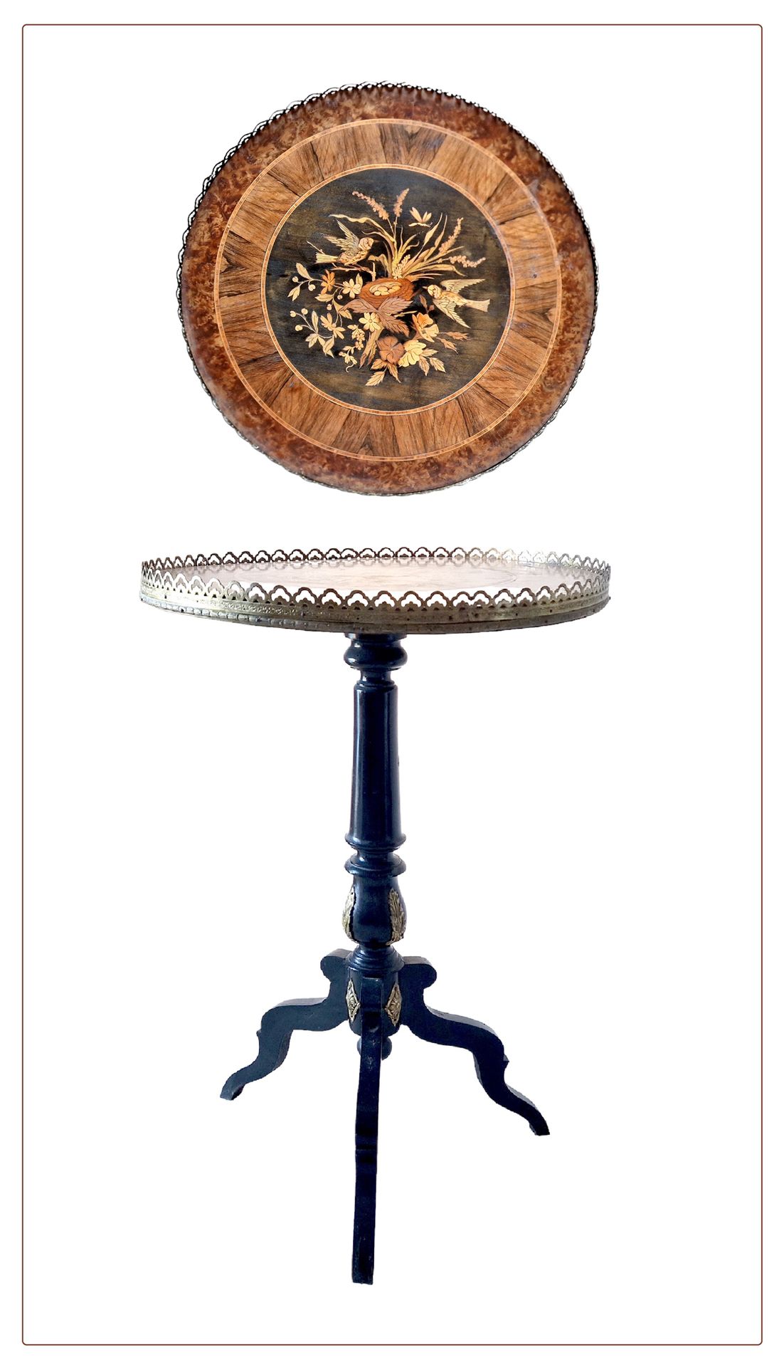 FRANCE, D'EPOQUE NAPOLEON III 优雅的基座桌



三角架，用发黑的木头，摇晃的顶部用紫檀木镶嵌，中心是鸟和叶子的装饰，周围是镀金的&hellip;