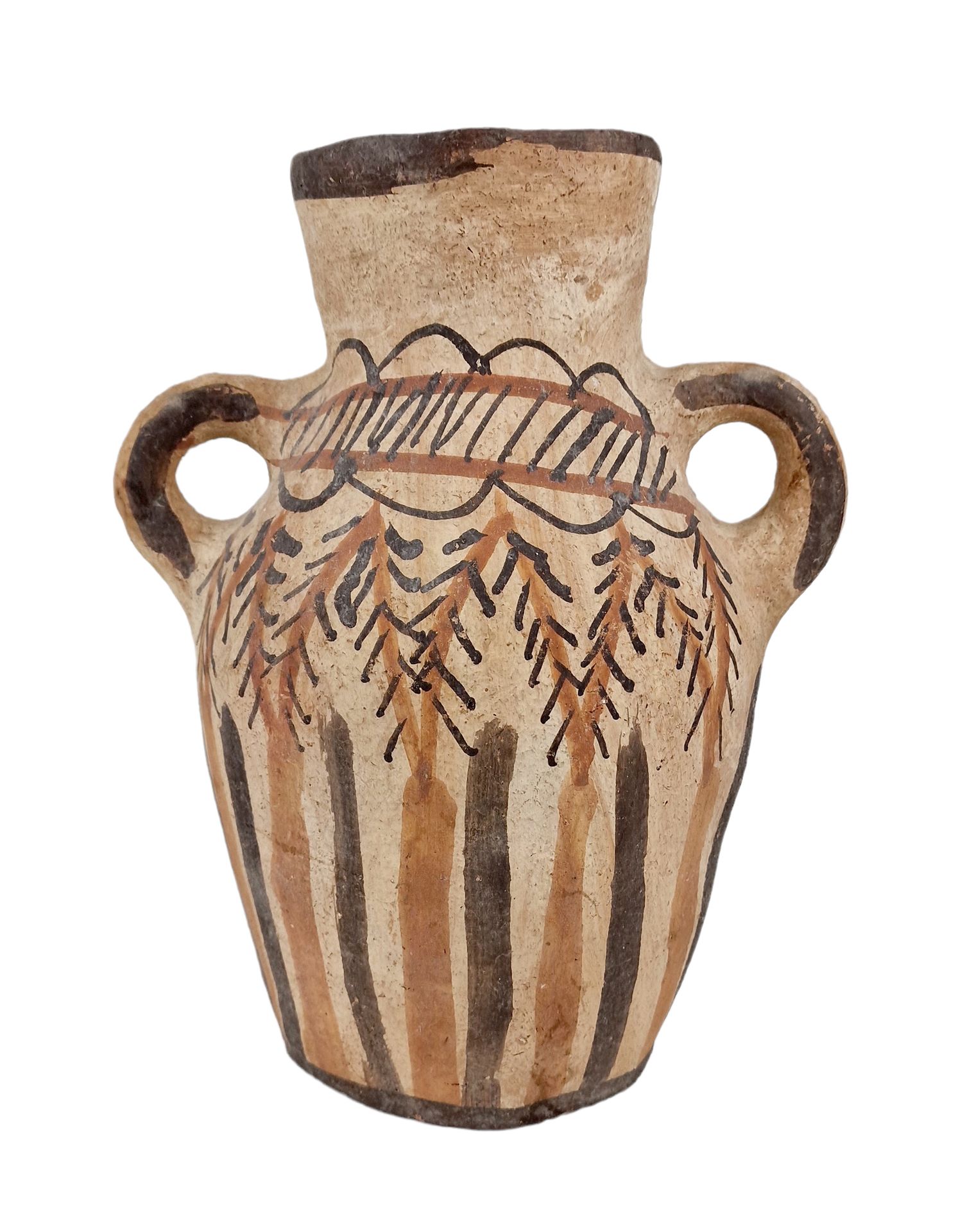 CERAMIQUE FRANCAISE VERS 1950-60 美丽的双耳瓶



有两个把手，陶土质地，有仿古彩绘装饰。

尺寸：H。30厘米左右。