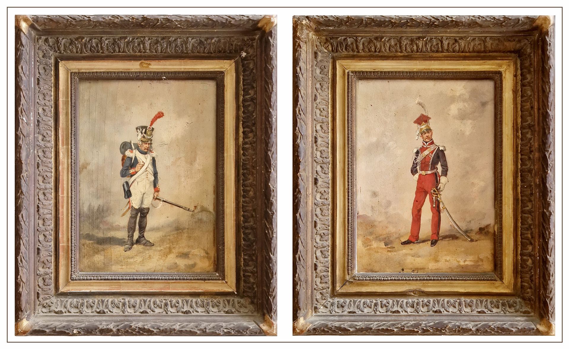 ECOLE FRANCAISE 19eme SIECLE 拿破仑士兵



软木板上的一对油彩。磨损和撕裂。

尺寸：33 x 23,5 cm