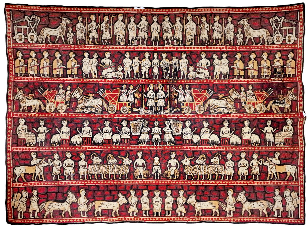 MESOPOTAMIE 挂毯
羊毛挂毯在门楣上描绘了美索不达米亚世界的生活场景。
尺寸：173 x 231 cm