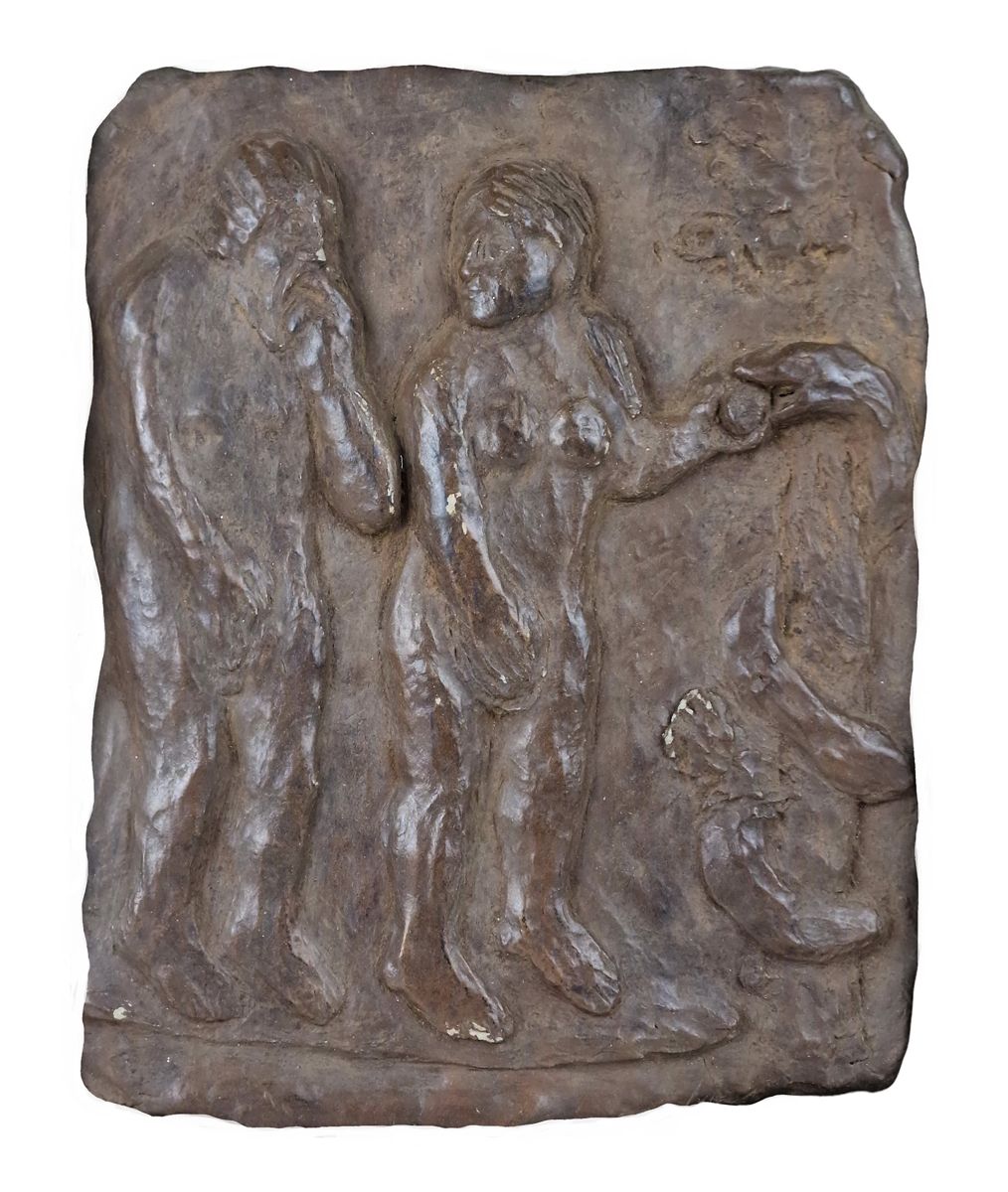 ANGELA SORMANI 20ème SIECLE 亚当和夏娃
陶器浮雕，带有棕色铜锈。 
尺寸：22 x 18.5厘米