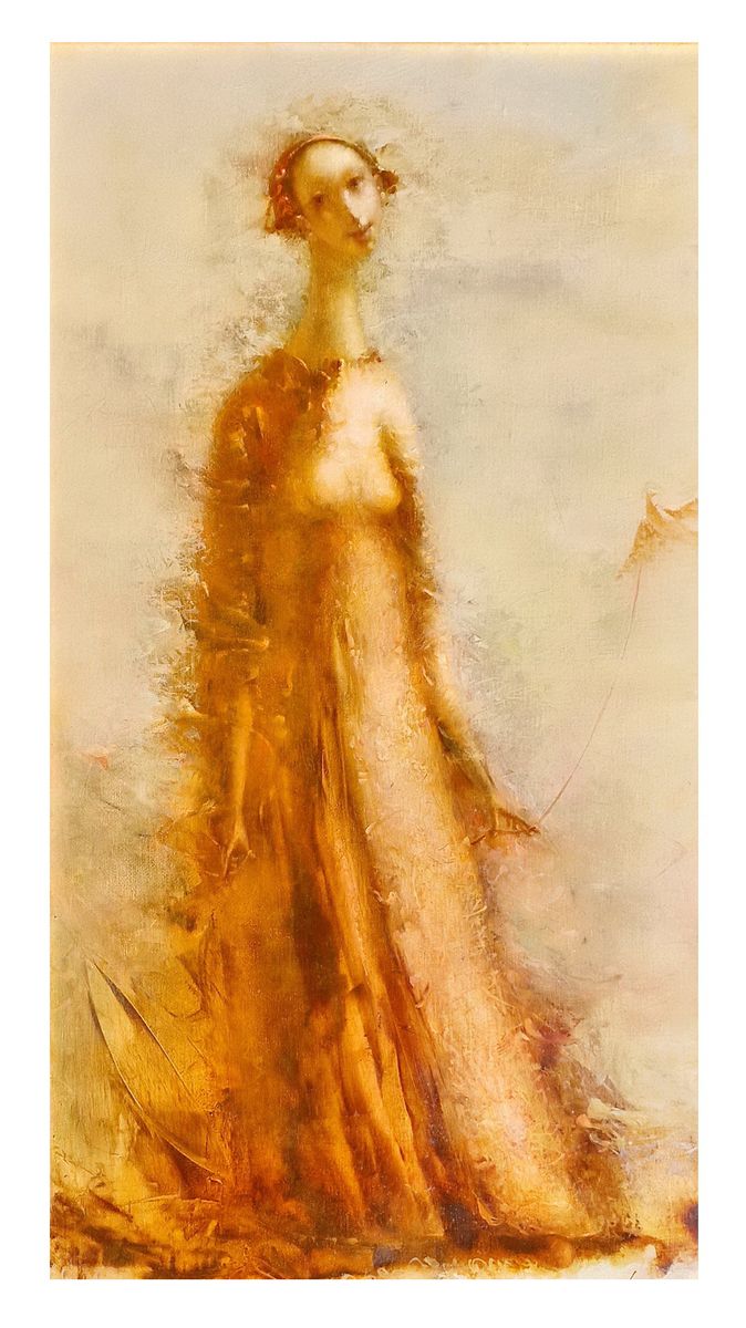 VALERIY SKRIPKA (1964) "带着纸鸟的女孩
布面油画，右下方有签名，背面有题字。
尺寸：70.5 x 40 cm