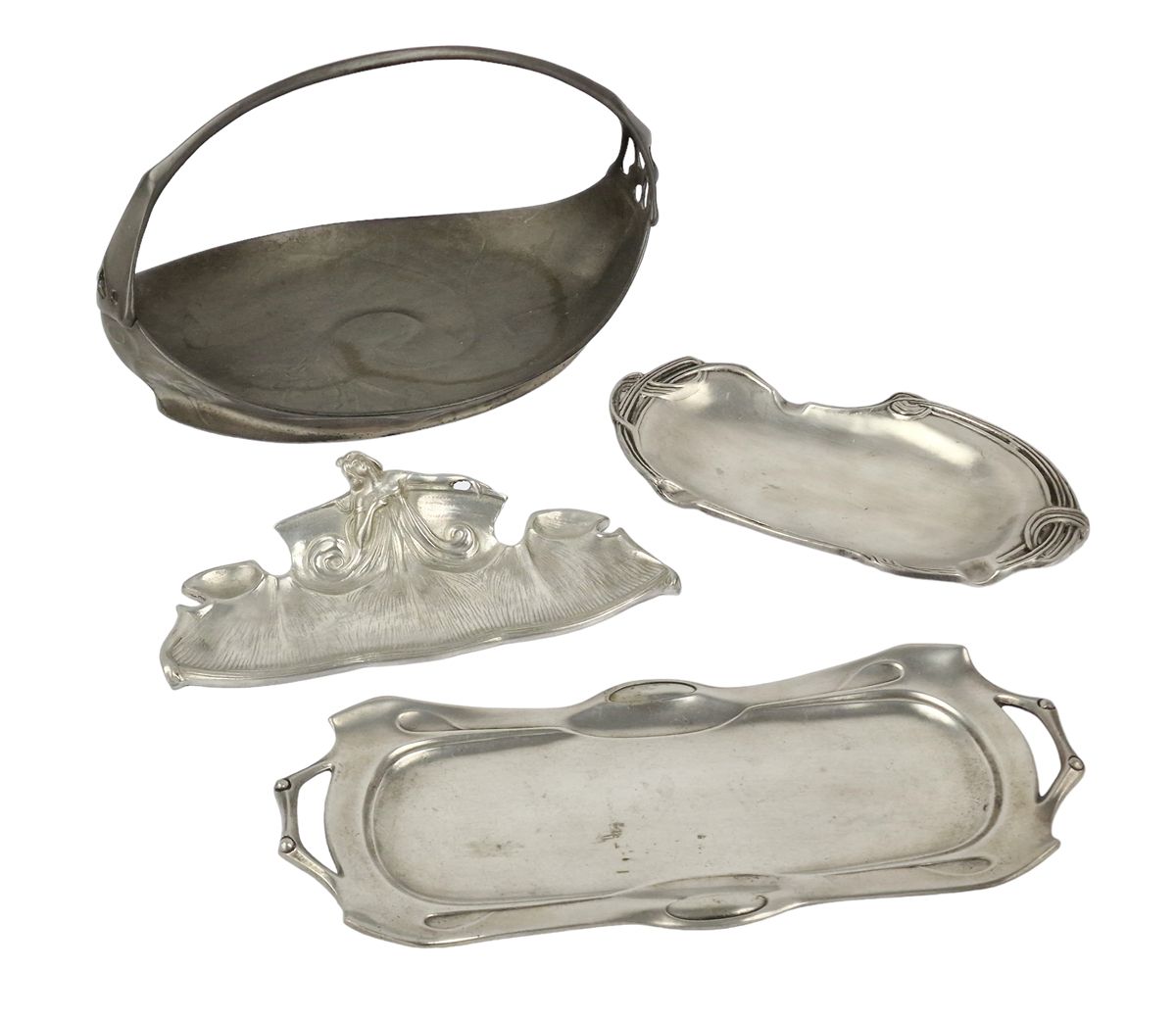 PLUMIERS ART NOUVEAU Set of three pewter pen trays or paper trays and a "Kayserz&hellip;