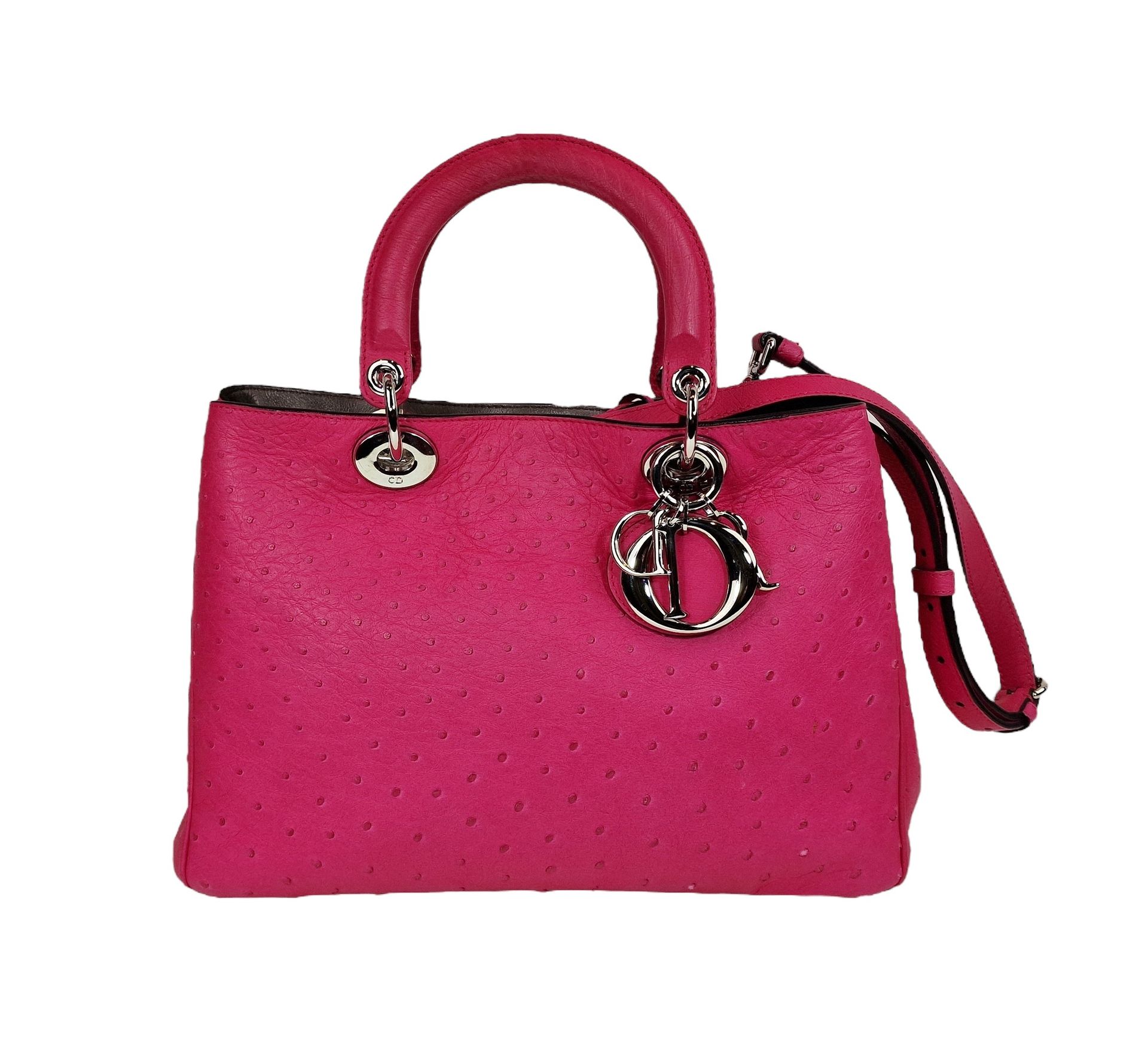 DIOR Sac à main "Diorissimo" Ostrich leather in fuchsia pink, double handle, rem&hellip;