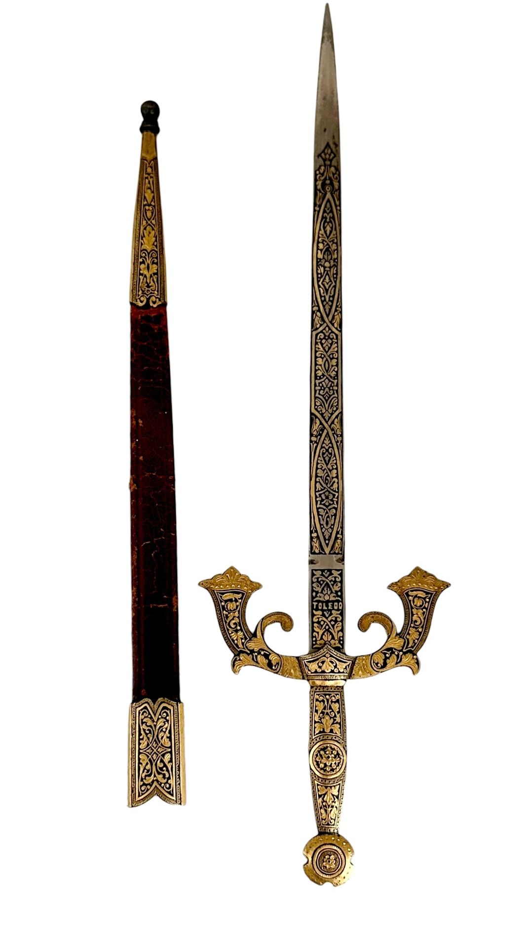 Spanish Gold Inlay Toledo Sword Espada toledana con vaina de cuero, hoja de dobl&hellip;