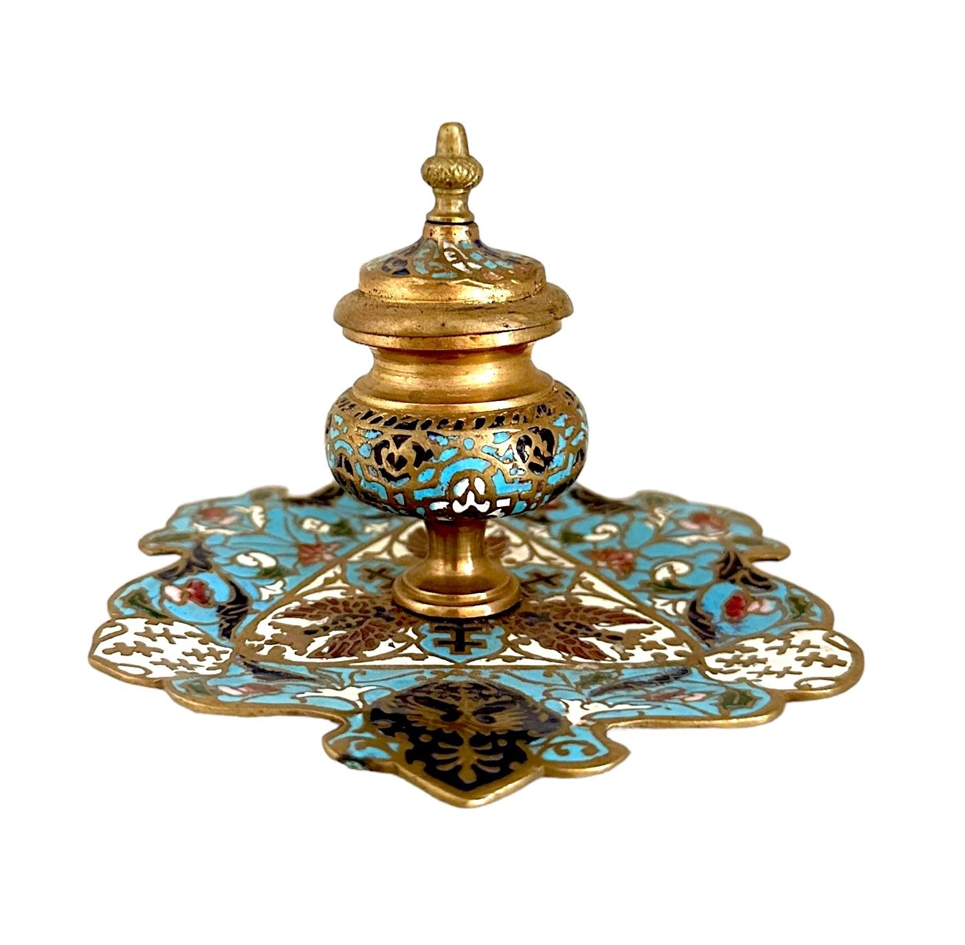 French Enamel Inkwell Dome shaped inkwell appliquéd on bronze multicolored ename&hellip;