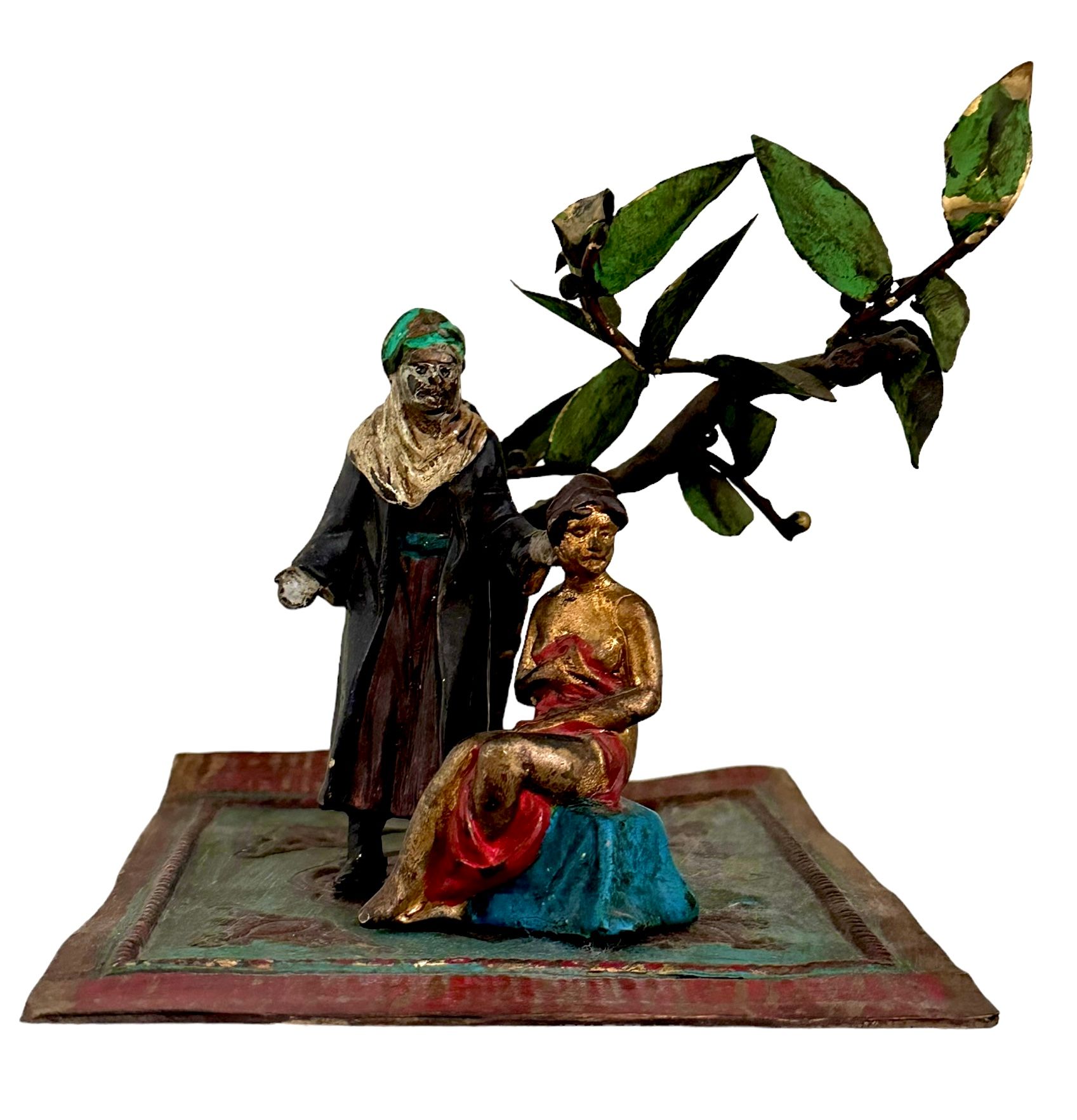 Bronze Oriental Female And Male Figure Bronze coloré, arbre sur tapis et figures&hellip;