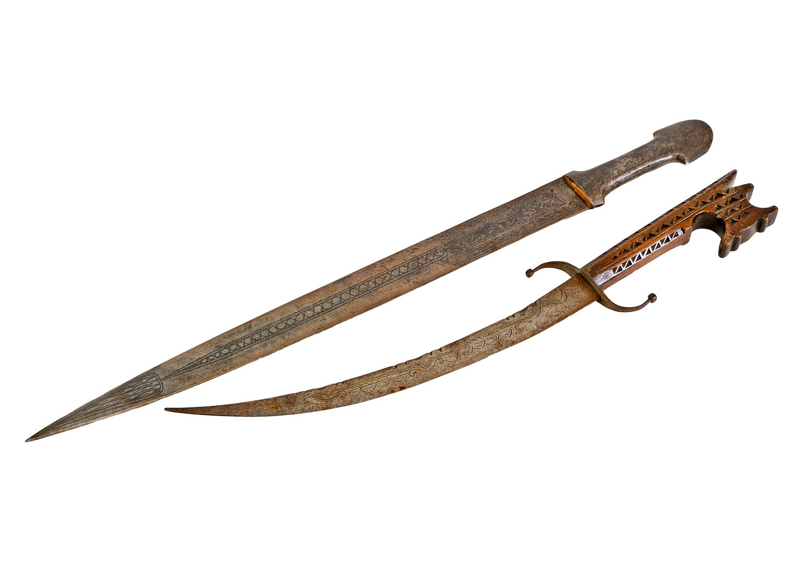 Null Long poignard de type kinjal indo-persan, entièrement monté en fer avec tra&hellip;