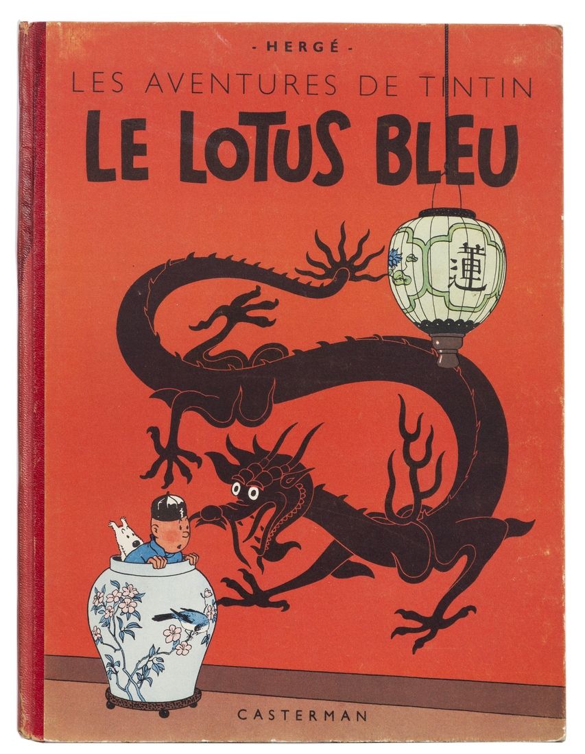 Tintin : Le Lotus bleu, édition de 1949 (B3). Album signé par Hergé. Très bon ét&hellip;