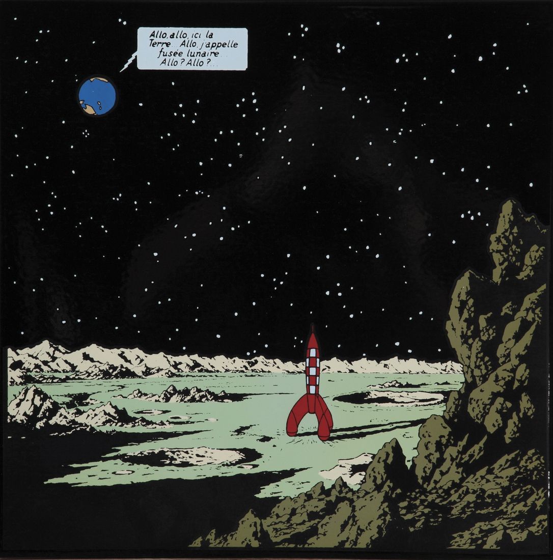 Hergé : Tintin, plaque émaillée "Série lune" : La fusée posée sur la lune (la te&hellip;