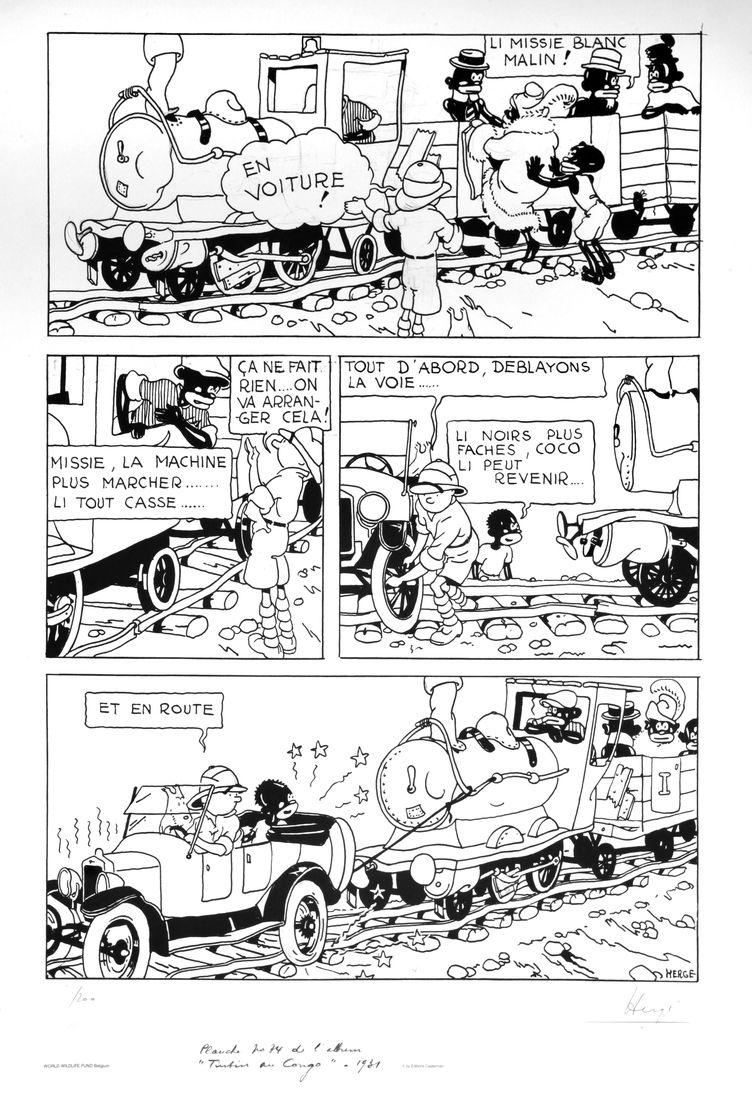 Hergé : Tintin, lithographie WWF "Tintin au Congo" n°121/200, signée. Dimensions&hellip;