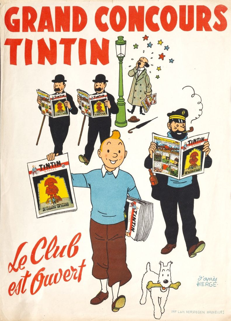 Hergé : Tintin, affiche promotionnelle "Grand concours Tintin - Le Club est ouve&hellip;