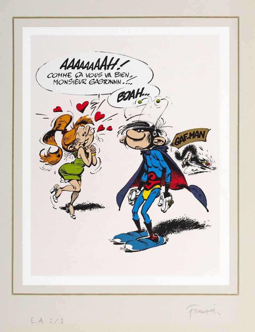 Franquin : Gaston, sérigraphie "Gaf-Man" n°EA 1/1, signée (Ed. Déesse, 1976). Di&hellip;