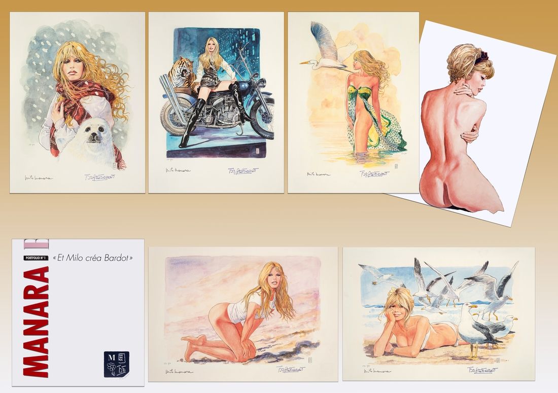 Manara : Portfolio "Et Milo créa Bardot" comprenant 5 épreuves pigmentaires sur &hellip;